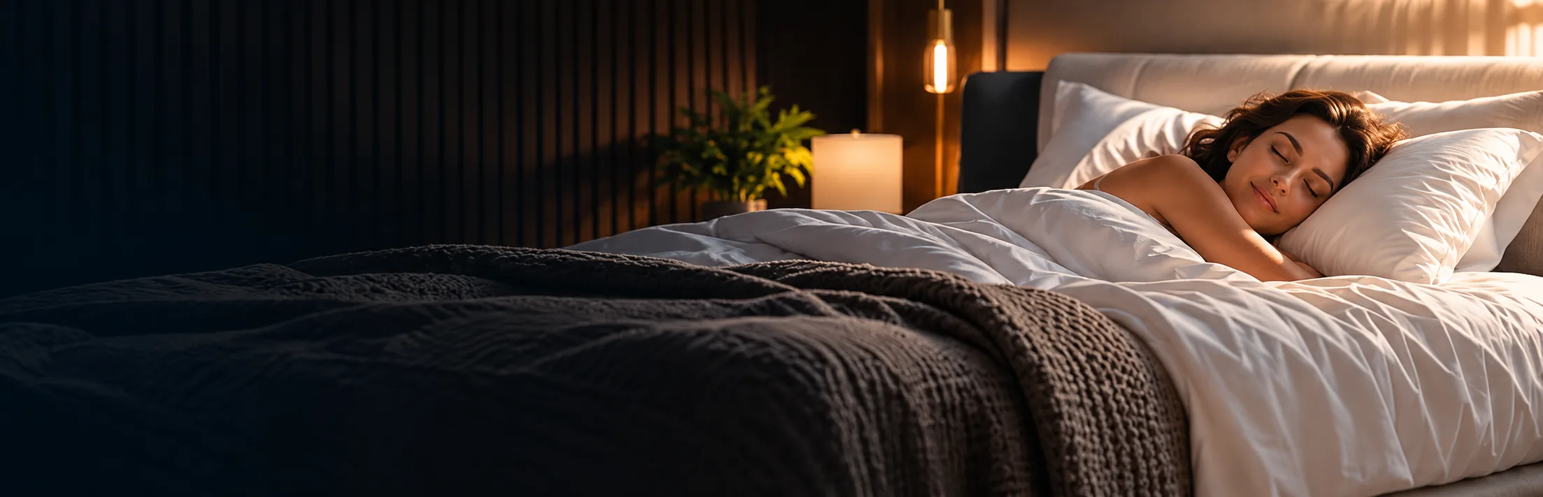 Mulher dormindo tranquilamente em uma cama com lençóis brancos, em um quarto com luz quente e aconchegante