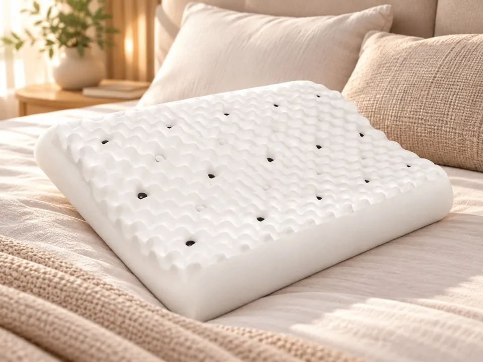 Travesseiro branco com superfície ondulada sobre a cama