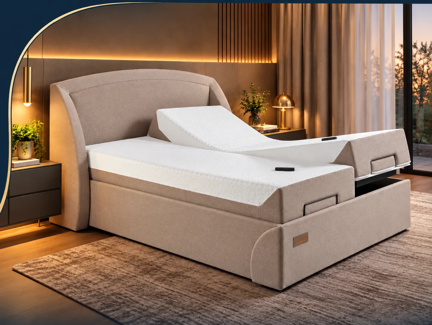 Conjunto Cama Articulada FlexiBed Roma em um quarto, com cabeceira estofada e iluminação quente